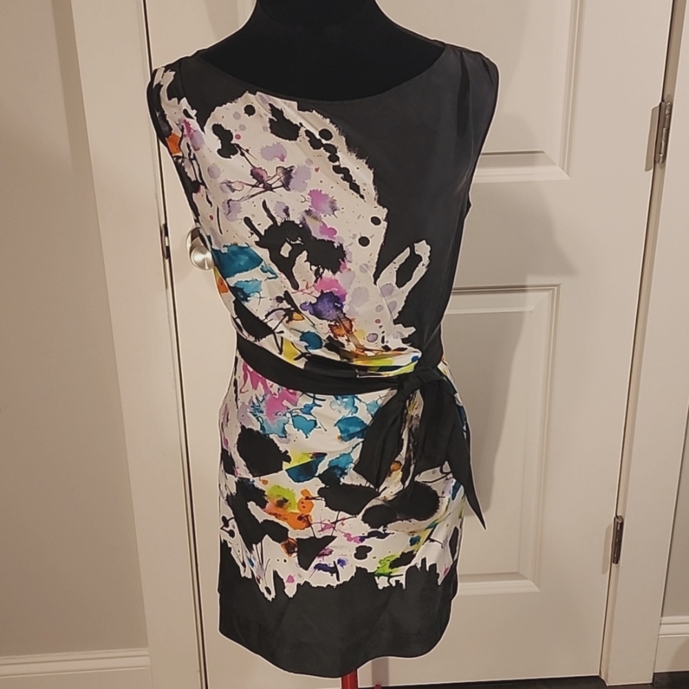 Diane von Furstenberg Black Watercolor Dress with Tie-Waist, size 10